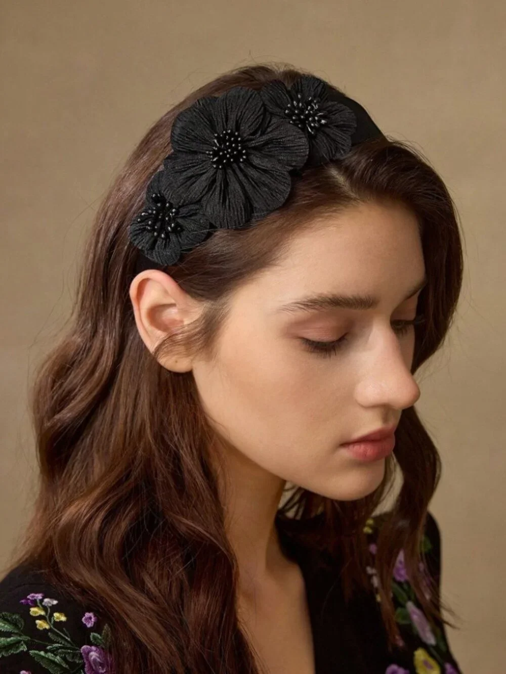 Black Floral Beaded Headband - 3D Flower Statement